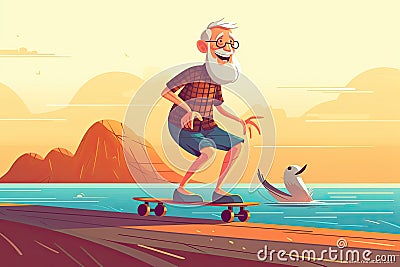 illustration of a joyful elderly man skateboarding along the seafront, embracing life and all its adventures. Generative Cartoon Illustration