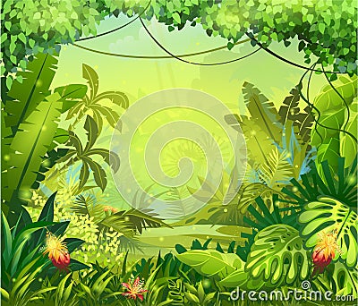 Illustration jungle with red flowers Vector Illustration