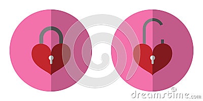 The illustration is a 2 key icons together.Unlock Key Heart and Lock Key Heart.red Heart Key. Vector Illustration