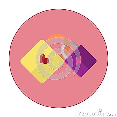 The illustration is a 2 key icons together.Yellow key with purple.Key Heart. Vector Illustration