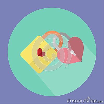 The illustration is a 2 key icons together.Yellow key with purple.Key Heart. Vector Illustration