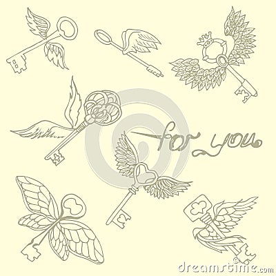 Illustration Of The Key With Wings. Flying Keys. Pattern ...