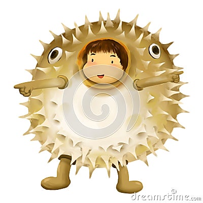 Puffer kid, girl dresses in pufferfish costume smiling Stock Photo