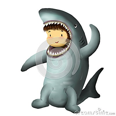 Shark kid, girl dresses in shark costume waving one hand in the air Stock Photo