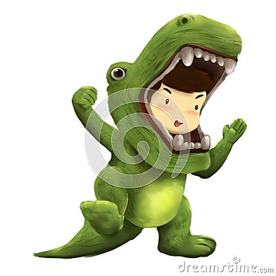 Dino boy, kid dresses in dinosaur costume dancing with joy Stock Photo