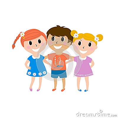 Illustration of kid students as close friends. Happy kids best friends. Vector illustration in cartoon style isolated on white Cartoon Illustration