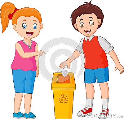 Kid throws garbage in the trash Vector Illustration