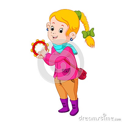 Kids dancing with musical instruments tambourine Vector Illustration