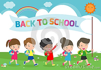 Illustration of Kids Going to School, back to school template with children, group of pupils walking school child Isolated Vector Illustration