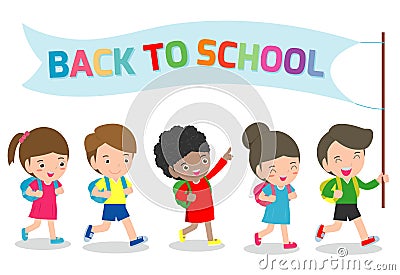 Illustration of Kids Going to School, back to school template with children, group of pupils walking school child Isolated Vector Illustration