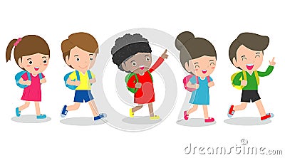 Illustration of Kids Going to School, back to school template with children, pupils walking school child Isolated Vector Illustration