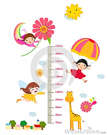 Kids height scale with funny animals and children Vector Illustration