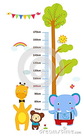 Kids height scale with funny animals Vector Illustration