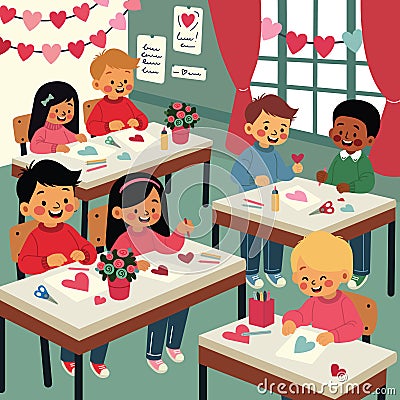 Illustration of Kids Making Valentines Cards Vector Illustration