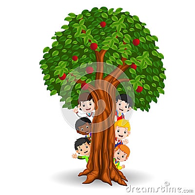 Kids playing in an apple tree Vector Illustration