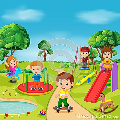 Kids playing outdoor in park Vector Illustration