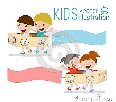 Illustration of Kids Riding cardboard airplane with Banners Vector Illustration