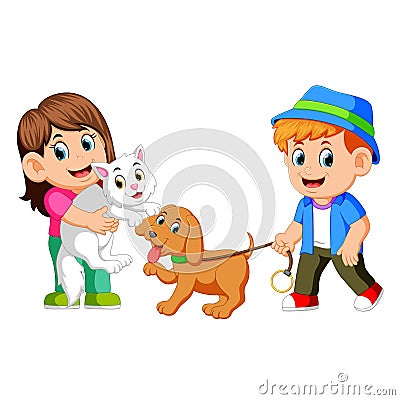 Kids and their pet Vector Illustration