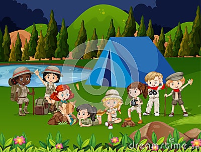 Illustration of Kids Wandering Around a Camp Site Vector Illustration