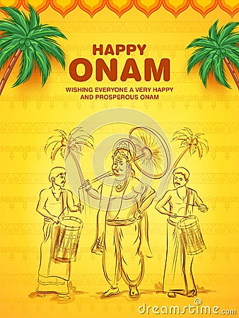 King Mahabali in Onam traditional festival background showing culture of Kerala, South India Vector Illustration