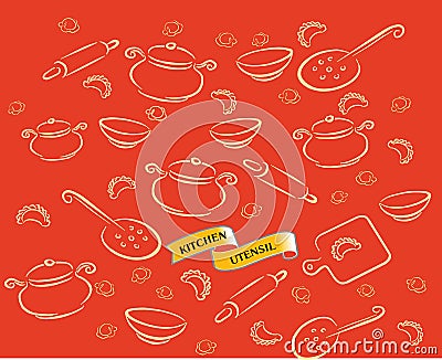 Illustration with kitchen utensils, accessories and perogies. Vector Illustration