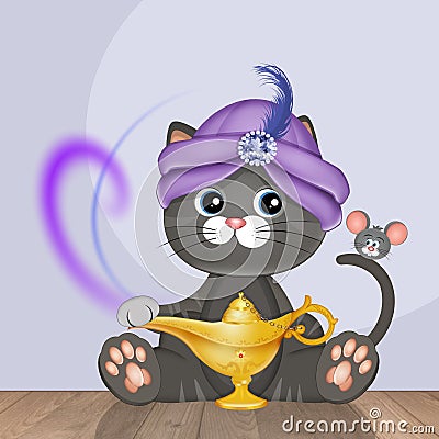 illustration of kitten with Aladdin's lamp Cartoon Illustration