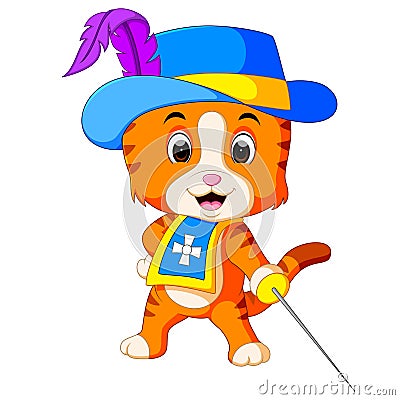 Kitten musketeer with sword Vector Illustration