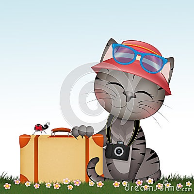illustration of kitten with a suitcase Cartoon Illustration