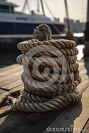 illustration, knot tied with metallic marine rope in nautical port, ai generative Cartoon Illustration