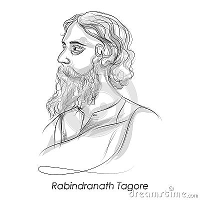 Kobiguru Rabindranath Tagore a well known poet, writer, playwright, composer, philosopher, social reformer and painter Vector Illustration