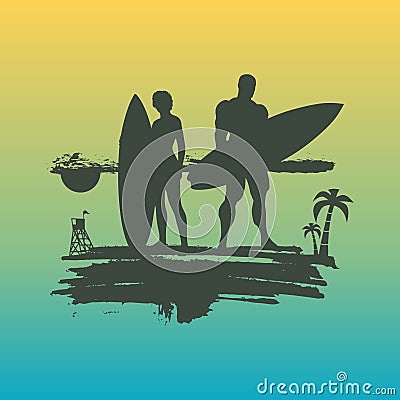 Illustration of lady and man posing with surfboard Vector Illustration