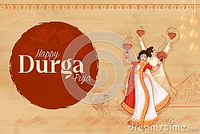 lady performing Dhunchi dance in Happy Durga Puja Subh Navratri Indian religious header banner background Vector Illustration
