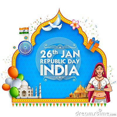 Lady in Tricolor saree of Indian flag for 26th January Happy Republic Day of India Vector Illustration