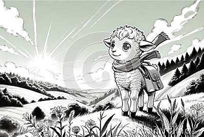 Illustration of a Lamb with a Scarf and Satchel in a Sunny Rural Landscape Stock Photo