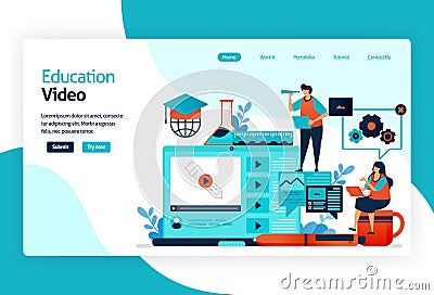 Illustration of landing page for education video. transferring knowledge knowledge, skill, value, habit in digital technology plat Vector Illustration