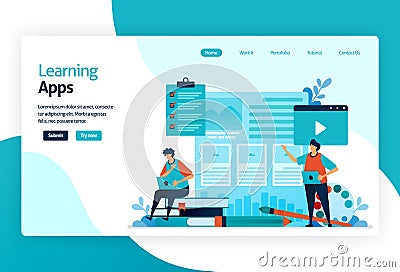 Illustration of landing page for Learning apps. Education process of learning knowledge, skills, values, beliefs, and habits. Vector Illustration