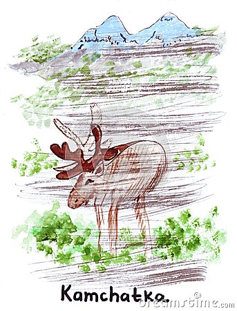 Illustration Landmark sketching wild reindeer in the Kamchatka Stock Photo