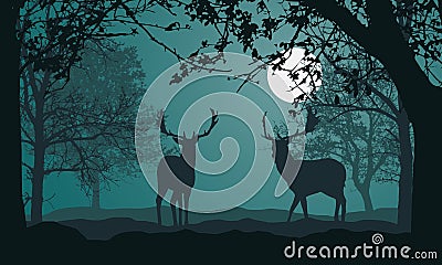 Illustration of landscape with forest, trees and hills, under night green sky with full moon and space for text. Two deer standing Vector Illustration