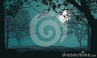 Illustration of landscape with forest, trees and hills, under night green sky with full moon and space for text, vector Vector Illustration