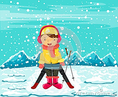 Illustration of landscape girl skiing Vector Illustration