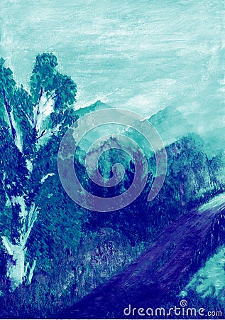 Illustration of landscape road through the forest receding into the distance mountains Stock Photo