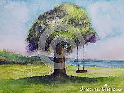 Illustration landscape tree swing and mountain sea with clouds. Cartoon Illustration