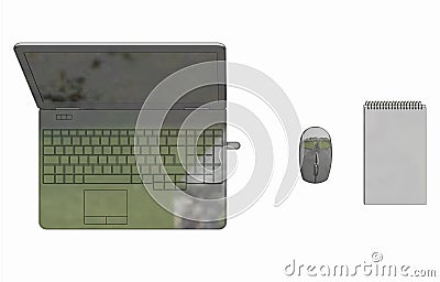 Illustration of Laptop with cordless mouse notepad Stock Photo