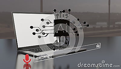 Illustration of laptop and IT server data with Banyk Cloud icon, ia robot, security shield and fingerprint Stock Photo
