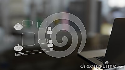 Illustration of laptop and IT server data with Banyk Cloud icon, ia robot, security shield and fingerprint, Stock Photo