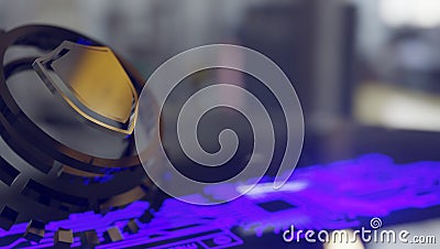 Illustration of laptop and IT server data with Banyk Cloud icon, ia robot, security shield and fingerprint, Stock Photo
