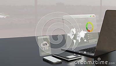 Illustration of laptop and IT server data with Banyk Cloud icon, ia robot, security shield and fingerprint, Stock Photo