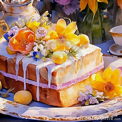 Illustration of a large piece of sponge cake beautifully decorated with flowers and berries. Stock Photo