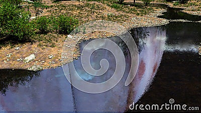Illustration of a large planet reflected on the surface of a river Cartoon Illustration