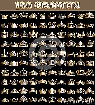 large set of vintage gold 100 crown and diadems Vector Illustration